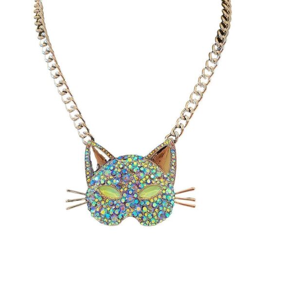Betsey Johnson Glow-in-the-Dark Jeweled Cat Mask Pendant on Gun Metal Chain - Picture 5 of 7